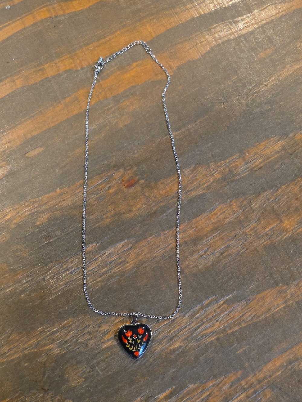 Silver Heart Pendant Necklace with Red Floral Inlay - Women Jewelry
